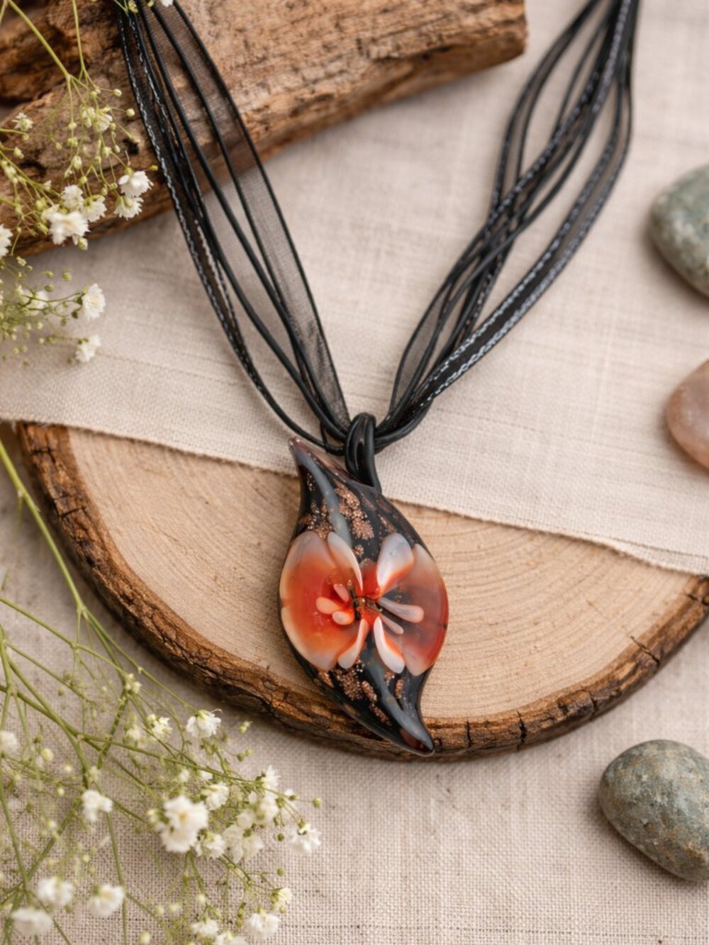 Art Glass Floral Pendant Necklace Black Ribbon Cord Boho Statement Jewelry